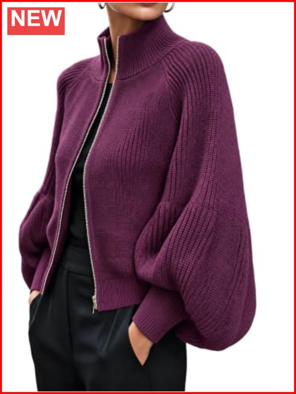 Women's Zip Up Cardigan Stand Collar Lantern Sleeve Sweater